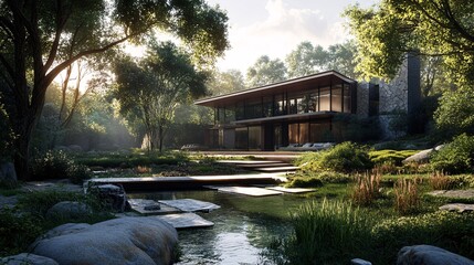 29. Architecture 3D rendering illustration of the modern house with a natural landscape. Realistic 3D depiction of a modern home nestled within a beautiful natural landscape, showcasing eco-friendly