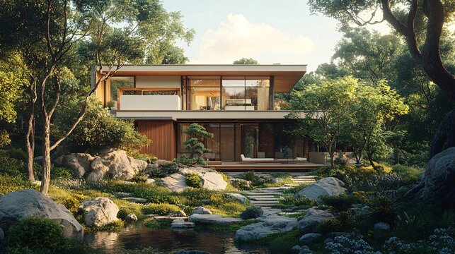 29. Architecture 3D rendering illustration of the modern house with a natural landscape. Realistic 3D depiction of a modern home nestled within a beautiful natural landscape, showcasing eco-friendly