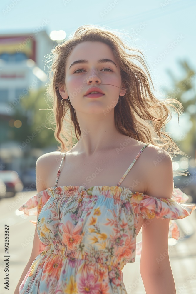 Wall mural Young woman with windblown hair in a floral dress.