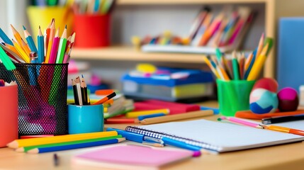 Fototapeta premium A colorful array of school supplies, including pencils, pens, and a notebook, on a wooden desk.
