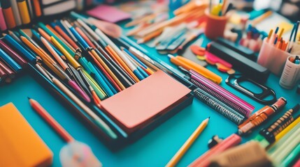Fototapeta premium Colorful pencils, pens, markers, and other school supplies on a blue desk.
