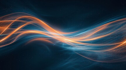 Obraz premium A dynamic abstract image featuring flowing lines of orange and blue light against a dark background, evoking energy and movement. Product presentation background.