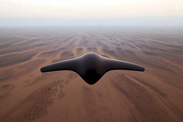 Futuristic Drone Soaring Above an Expansive Desert Landscape