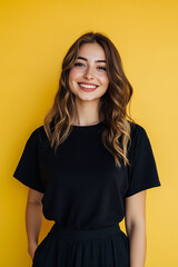 Fototapeta premium A 25-year-old woman wearing a black oversized t-shirt and a skirt, showcasing a beautiful smile
