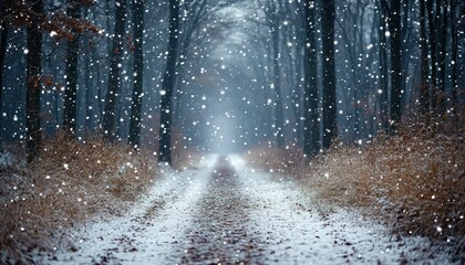 Snowfall in a Snowy Forest with a Path Leading Through It