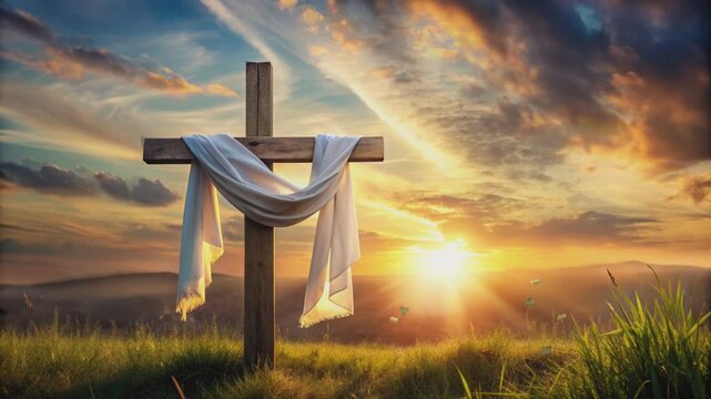 Rustic wooden cross on a hill at sunset with a white cloth draped over it