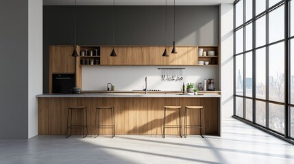 61. A sleek, minimalist kitchen with warm wooden cabinetry, industrial bar stools, and polished concrete flooring, bathed in natural light, reflecting modern interior design aesthetics