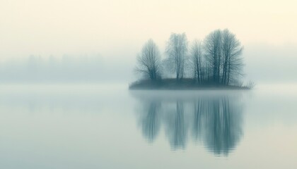 Fototapeta premium Foggy Lake with Silhouetted Trees on a Small Island