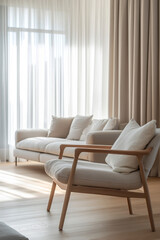 A Japandi-style spacious living room exudes an eco-friendly Scandinavian charm, blending minimalist design with natural elements