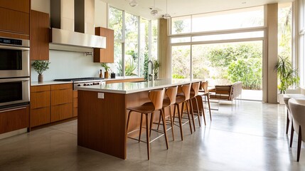 Fototapeta premium 64. Spacious, light-filled kitchen with clean lines, wooden cabinetry, minimalist bar stools, and a cool concrete floor, embodying modern design trends