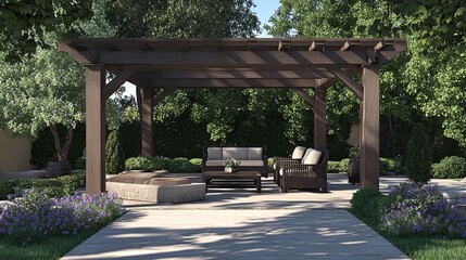 72. 3D modeling of a pergola with elegant seating arrangements under a shaded gazebo, highlighting outdoor architectural design and comfort