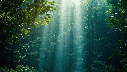 Fototapeta premium Sunlight and Rain Falling Through Lush Green Forest Canopy