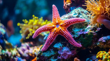 A vibrant starfish clinging to a rock