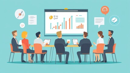 Business training in a flat design style, showing colleagues participating in a meeting