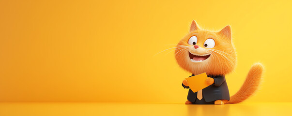 Fototapeta premium Cheerful cartoon cat character holding a star-shaped object against a bright yellow background, perfect for playful designs.