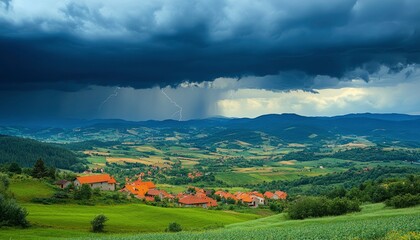 Stormy Sky Over Rural Village with Lightning Strikes