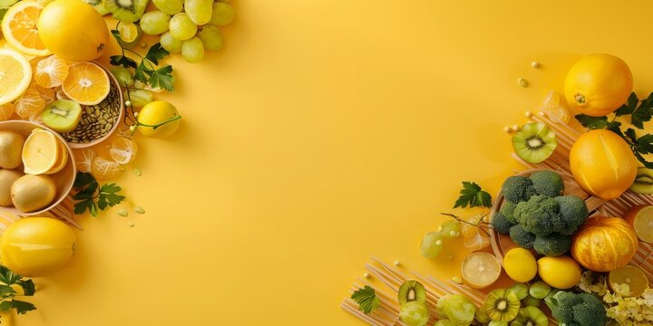 A nutritious meals backdrop featuring fresh fruits and vegetables against a yellow background, ideal for promoting veganism and healthy eating.