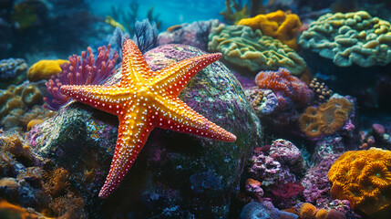 A vibrant starfish clinging to a rock