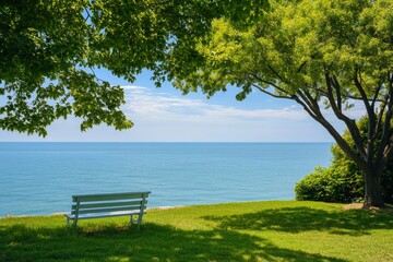 Naklejka premium A Lonely Bench Overlooking a Tranquil Ocean