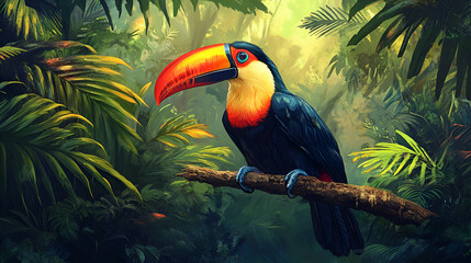 Obraz premium A vibrant toucan perched on a branch in a lush tropical jungle