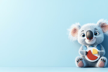 Fototapeta premium Cute koala character holding a colorful pie chart, suitable for educational or business themes, on a light blue background.