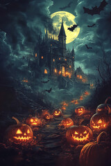 A spooky Halloween background reveals a chilling scene of a haunted, decrepit house towering over an eerie landscape.