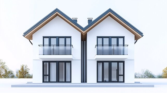 91. Isolated 3D render of a modern duplex house with clean architectural lines, two symmetrical units, large windows, and a shared entryway, set against a plain white background