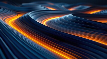 A mesmerizing abstract landscape featuring flowing waves of blue and orange light, creating a stunning visual experience.