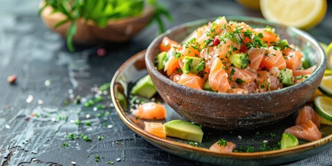 Delicious salmon and avocado tartare accompanied by crispy toast, with space for additional text.