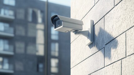 103. Vector 3D design of a security camera, positioned for optimal surveillance on a street building wall, emphasizing modern CCTV system technology