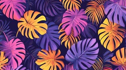 Vibrant tropical leaves in shades of orange, pink, and purple.