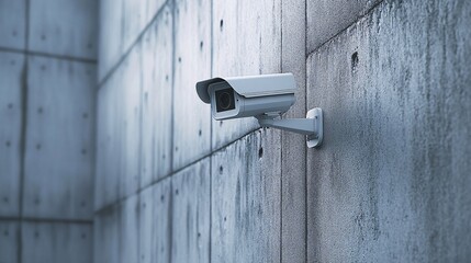105. High-quality 3D rendering of a white CCTV camera, designed for hidden observation, attached to a concrete wall, illustrating the importance of privacy and security