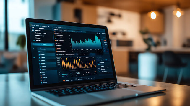 Laptop displaying financial charts and graphs on a desk in a home office.