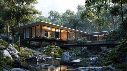 Obraz premium 106. 3D architectural rendering of a modern house nestled within a lush natural landscape, featuring large glass windows and an open floor plan that integrates with the surrounding environment