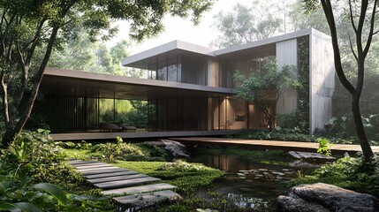 107. Modern house design set in a natural landscape, with a 3D render showing seamless integration of indoor and outdoor spaces, surrounded by greenery and natural elements