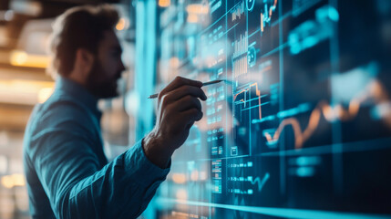Businessman drawing a strategy plan on a glass board