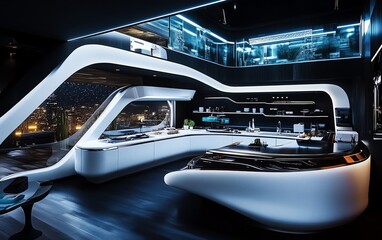 Fototapeta premium A wide-angle view showcasing a futuristic kitchen where advanced cooking technologies seamlessly blend with culinary artistry