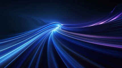 A mesmerizing abstract light trail illustration with vibrant blue and purple hues flowing against a dark background.