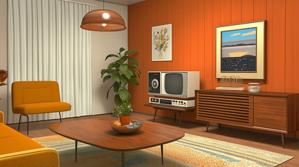Retro mid-century modern living room with vintage decor and orange accent wall
