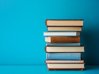 Fototapeta premium A stack of colourful books on an orange and blue background.