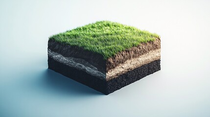 111. 3D illustration of a land sign placed on a cross-sectional cube of soil, showing layers of earth beneath green grass, symbolizing real estate and property investment