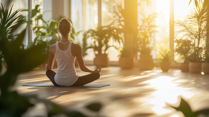 Serene indoor yoga session with sunlight and lush green plants