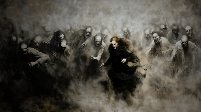 Woman in black dress running from angry mob in fog