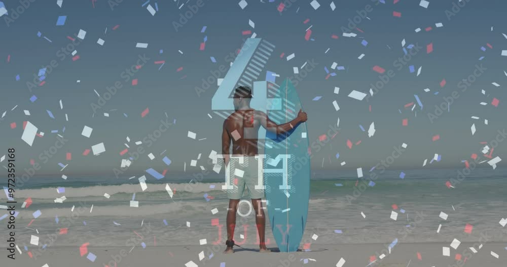 Canvas Prints Animation of 4th of july text over confetti and african american man with surfboard on beach