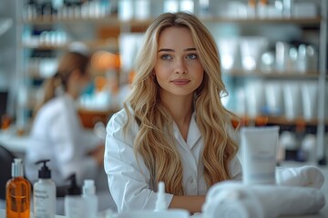 Blonde beautician in white shirt analyzing skincare products in cosmetology practice