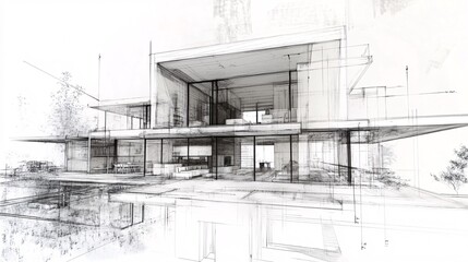 Obraz premium 125. Mixed media approach to a dream house design, featuring a 3D model of a modern home integrated with conceptual sketches and creative elements, highlighting the design process