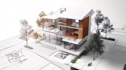 125. Mixed media approach to a dream house design, featuring a 3D model of a modern home integrated with conceptual sketches and creative elements, highlighting the design process