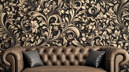 Obraz premium Brown leather Chesterfield sofa with black pillows in front of a black and gold damask wallpaper.