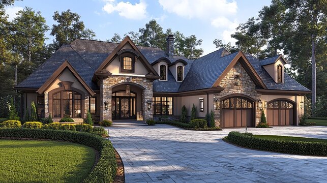 124. 3D rendering of an ideal home, depicted through a blend of digital and traditional media, capturing the essence of personalized dream house design