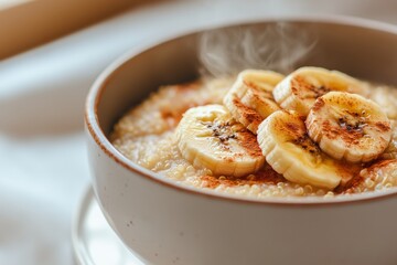 quinoa pudding served in a ceramic bowl, topped with caramelized banana slices and a dusting of cinnamon, with steam rising gently in a cozy kitchen setting